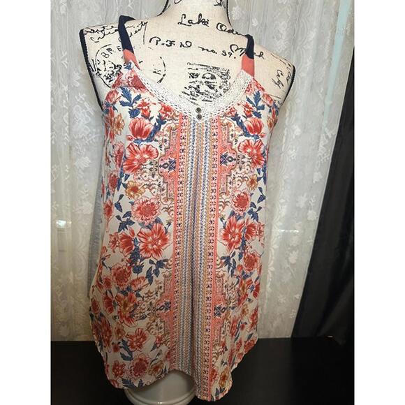 Rewind Tops - Rewind Boho Floral Print Lace Trim Cami Tank Top – Size Small